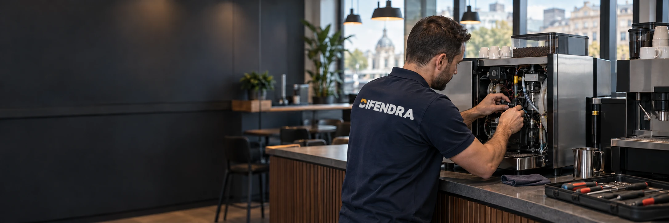 Tehnician DIFENDRA în timpul unei intervenții de service la un espressor