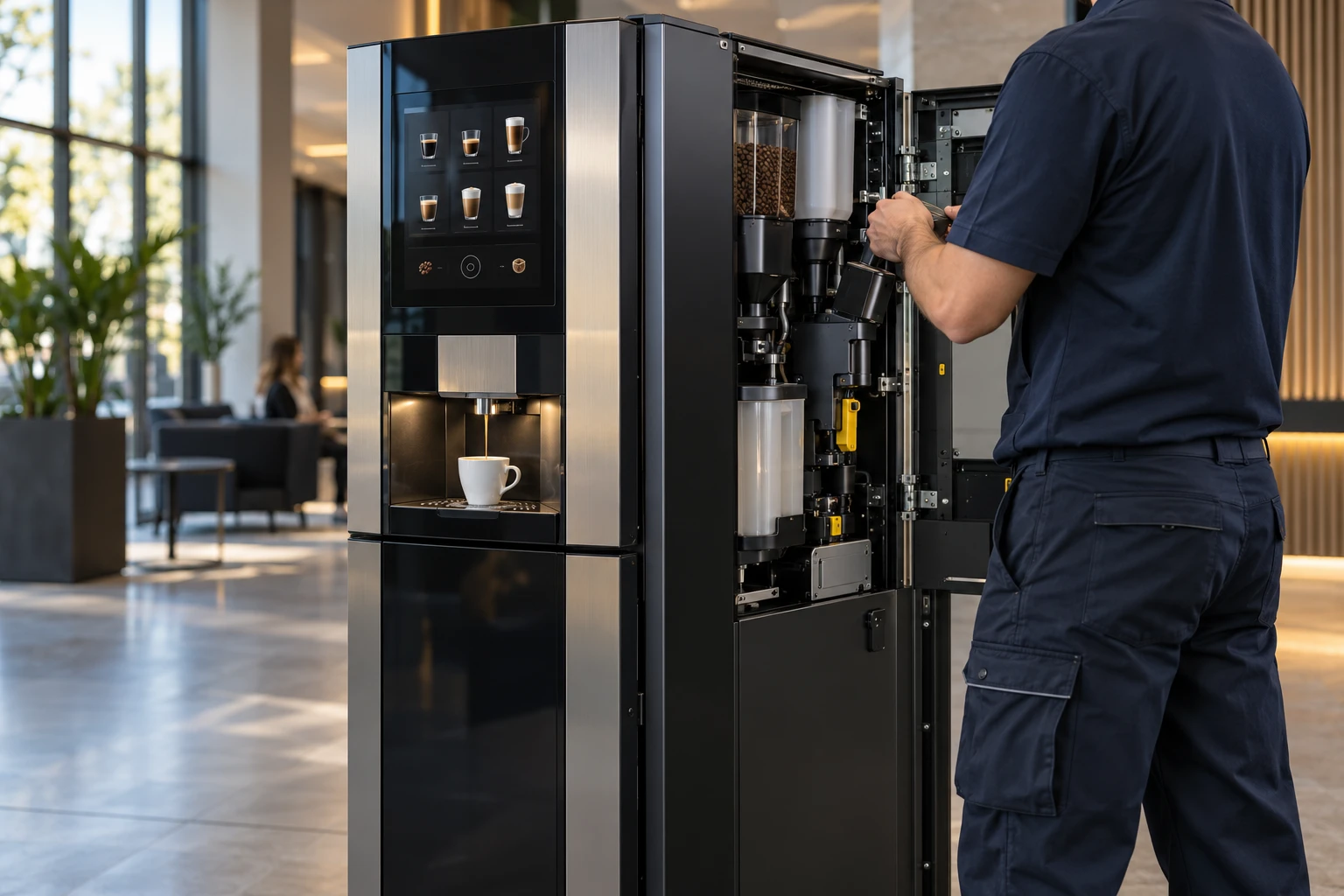 Tehnician care efectuează service la un automat vending