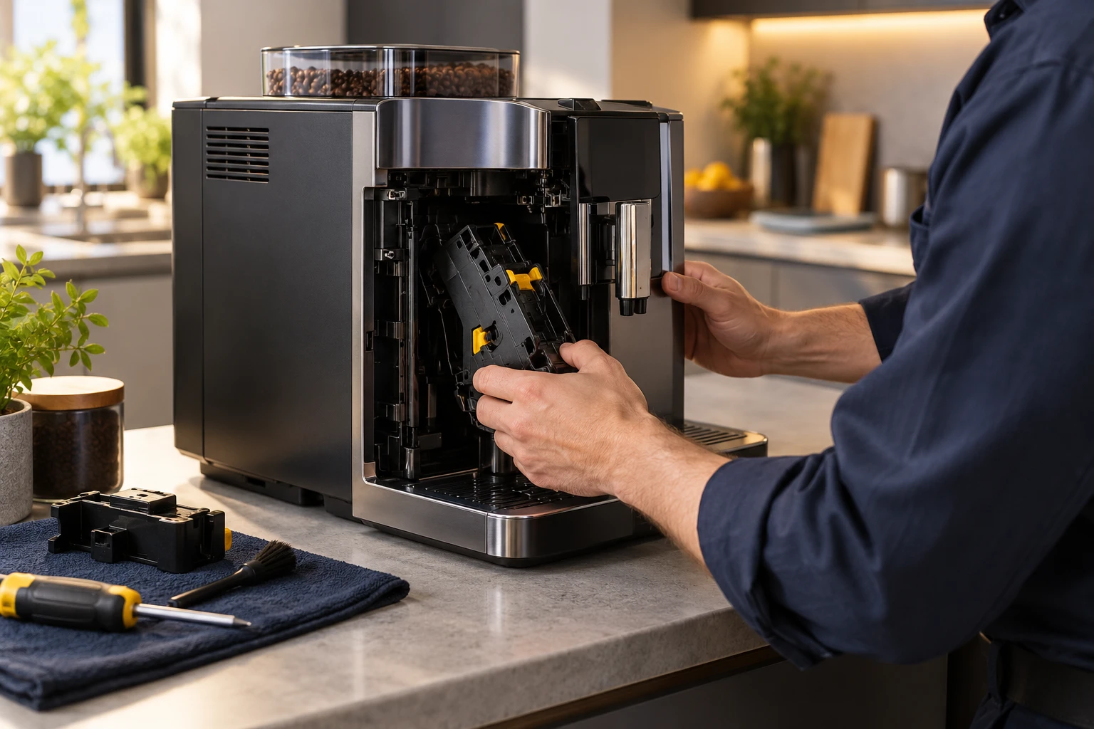 Tehnician care efectuează service la un espressor casnic automat