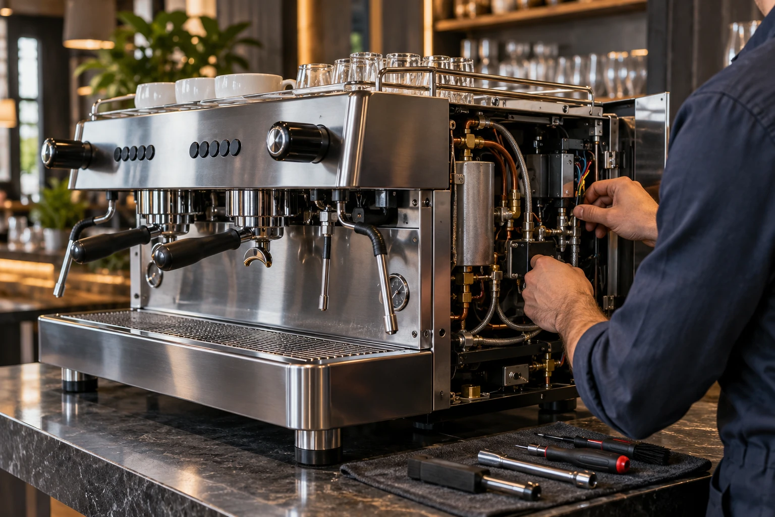 Tehnician care efectuează service la un espressor profesional HoReCa