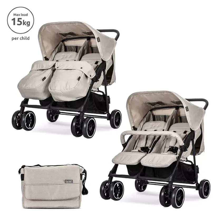Carucior pentru gemeni, Twin, reglabil individual, pana la 15 kg per copil, geanta pentru mama inclusa, Beige
