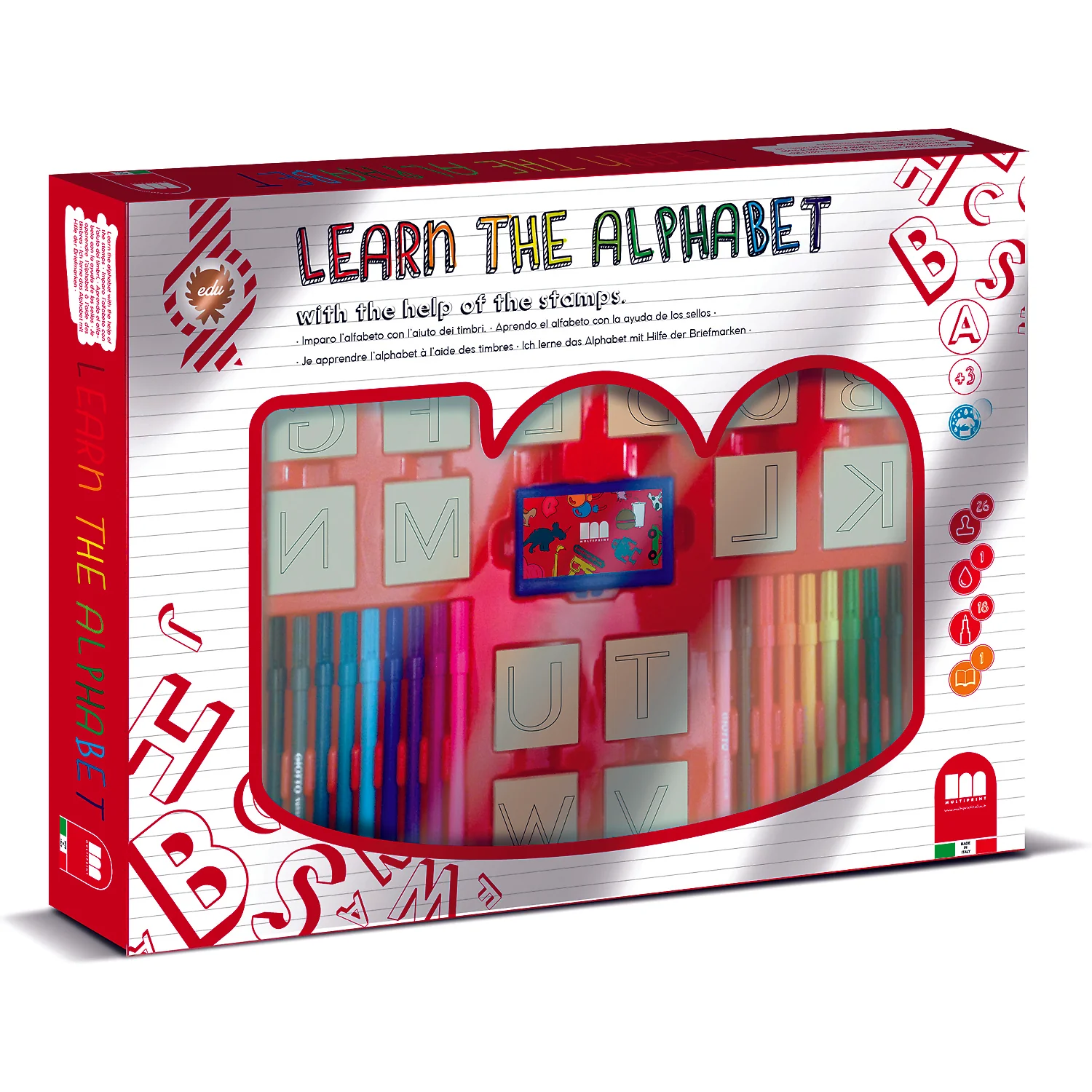 Set educativ cu stampile Alfabet 46 piese, 26 stampile, tus, 18 carioci  Multiprint MP1941
