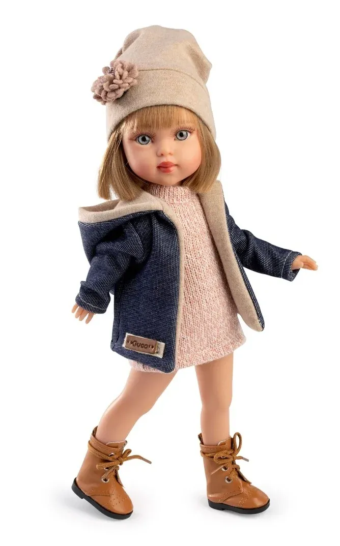 Papusa fashion, Penelope Madrid, 33 cm, par blond drept, corp din vinil, cu outfit complet