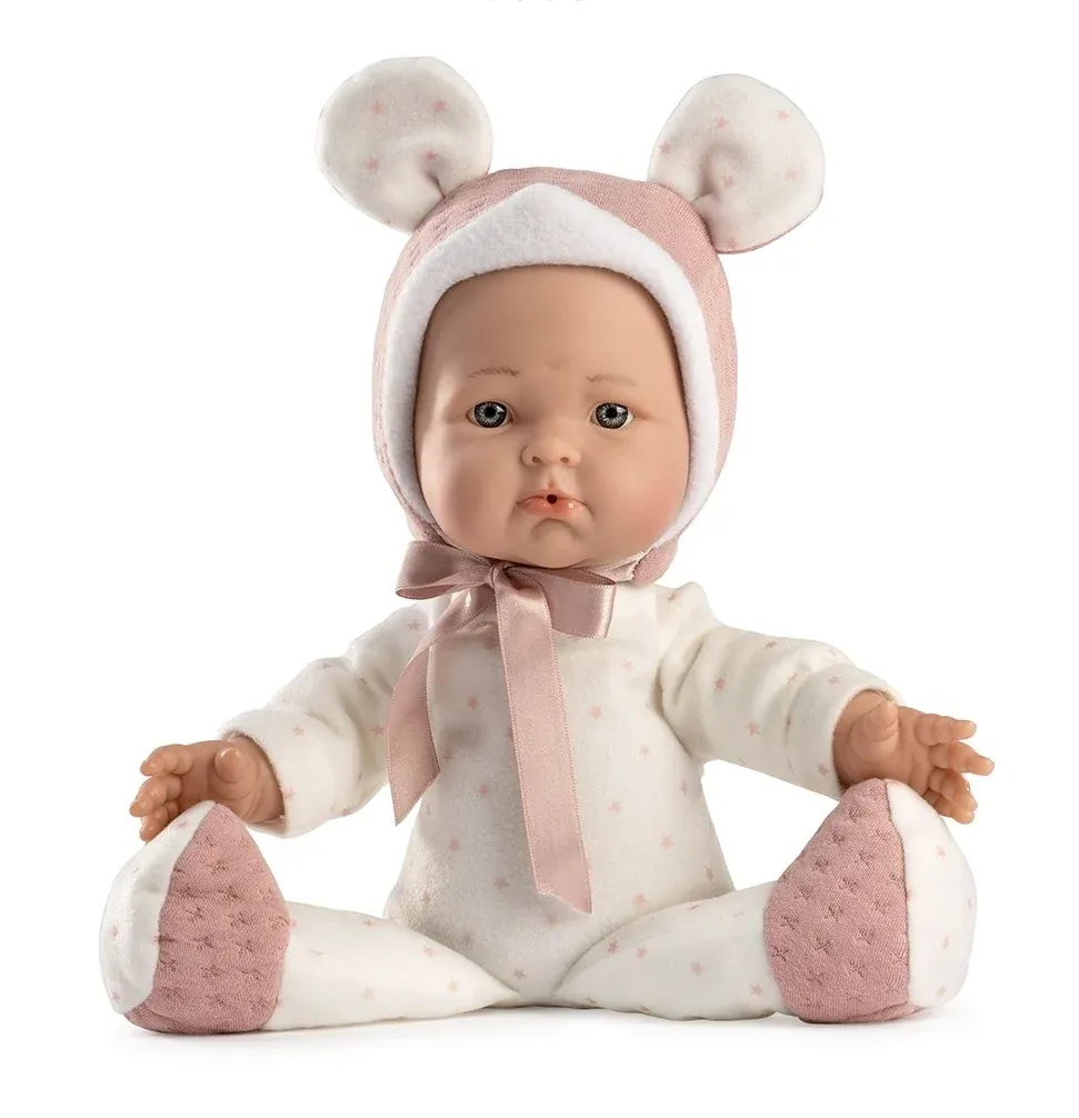 Papusa bebelus fetita, 36 cm, corp moale textil, usoara, potrivita pentru copii mici