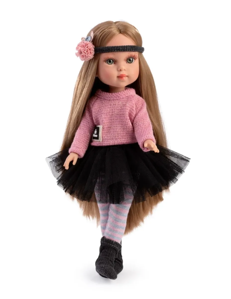Papusa fashion, Penelope Paris, 33 cm, par blond drept, corp din vinil, cu outfit complet