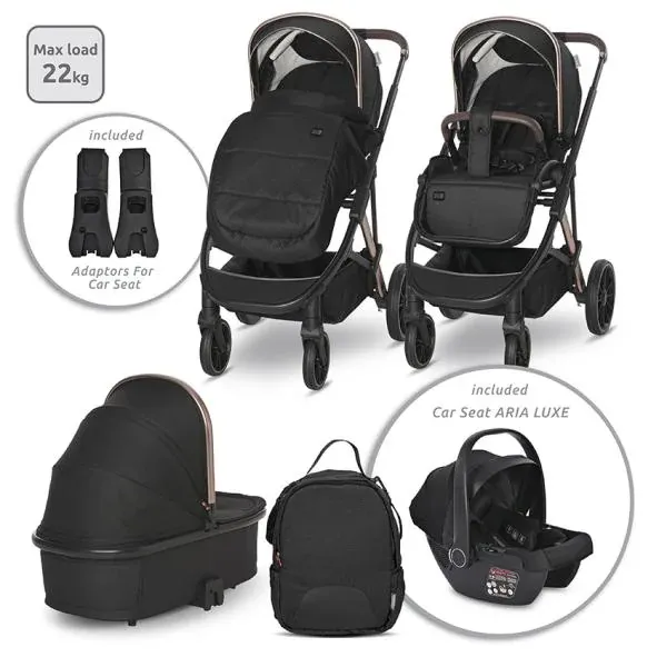 Carucior Set 3 in 1, Aria, cosulet auto Aria Luxe 40-87 cm inclus, multiple accesorii, Black