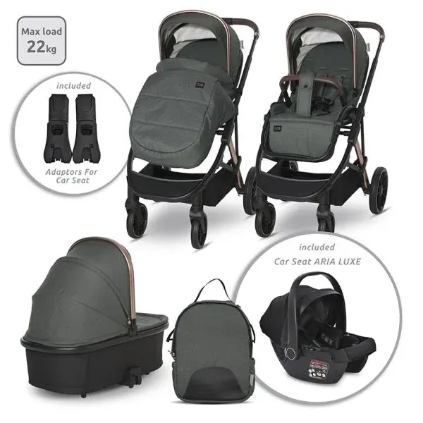 Carucior Set 3 in 1, Aria, cosulet auto Aria Luxe 40-87 cm inclus, multiple accesorii, Green