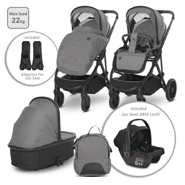 Carucior Set 3 in 1, Aria, cosulet auto Aria Luxe 40-87 cm inclus, multiple accesorii, Grey