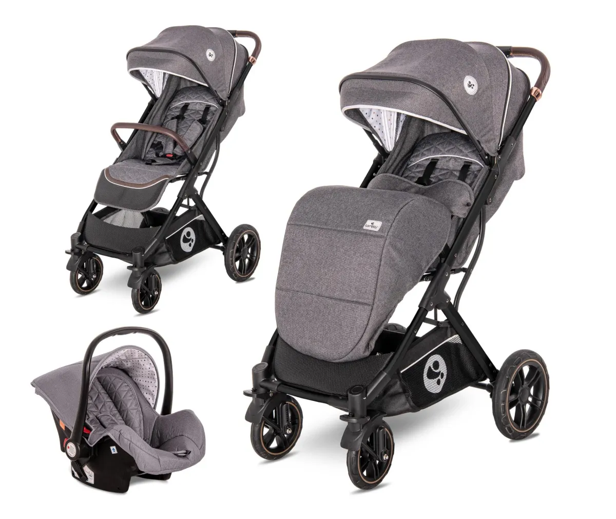Carucior set, Storm, de la 0 luni pana la 4 ani, maxim 22 kg, cos auto inclus, cadru din aluminiu, Gri Steel