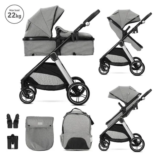 Carucior Set 2 in 1, Aspen, transformabil, set adaptori pentru cos auto, pana la 22 kg, Grey