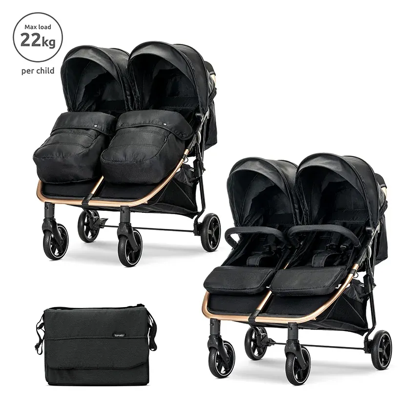 Carucior pentru gemeni, Duo, pana la 22 kg per copil, cadru din aluminiu, spatar reglabil pozitii multiple, geanta pentru mama inclusa, Black