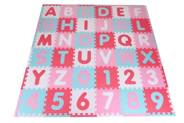 Covoras puzzle colorat, Knorr Toys, 110 piese, 180x180 cm, din spuma moale Eva, izolator si antiderapant, 0 Luni+, Cifre si Litere Pink Rosa
