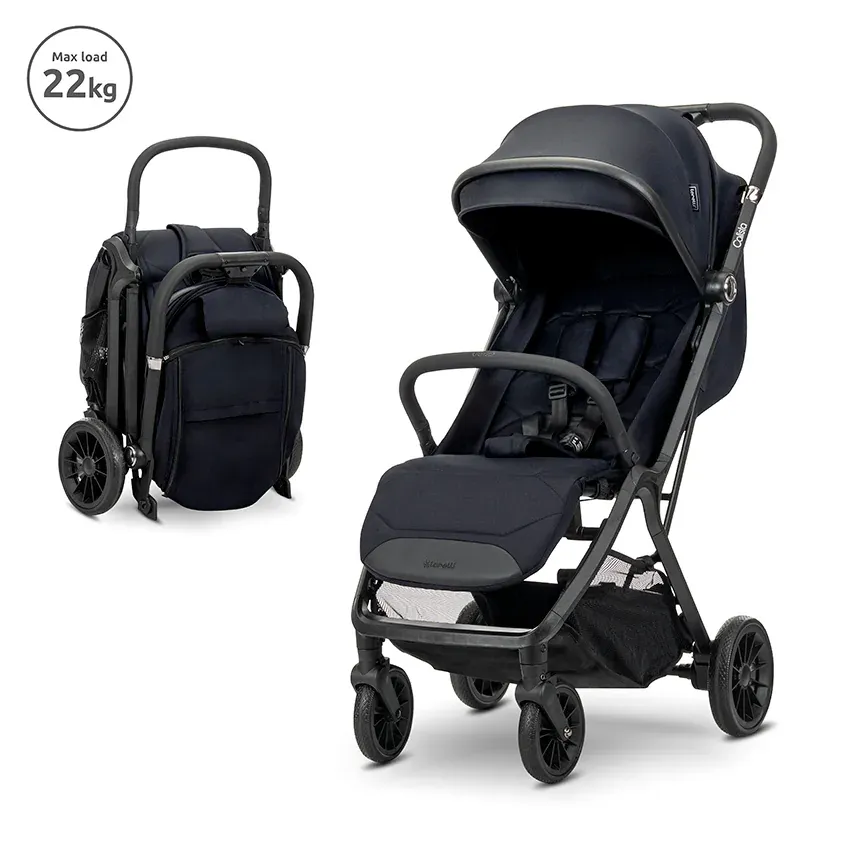 Carucior pentru copii, Calista, pliere automata, cadru din aluminiu, spatar reglabil 3 pozitii, copertina extensibila, 0-48 luni, pana la 22 kg, Black
