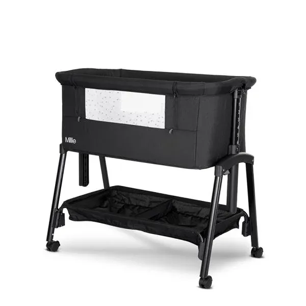 Patut pliabil, co-sleeper, Millie, 0 Luni+, max. 9 kg, inaltime reglabila 7 pozitii, sistem antireflux, plasa de tantari, saltea inclusa, Black
