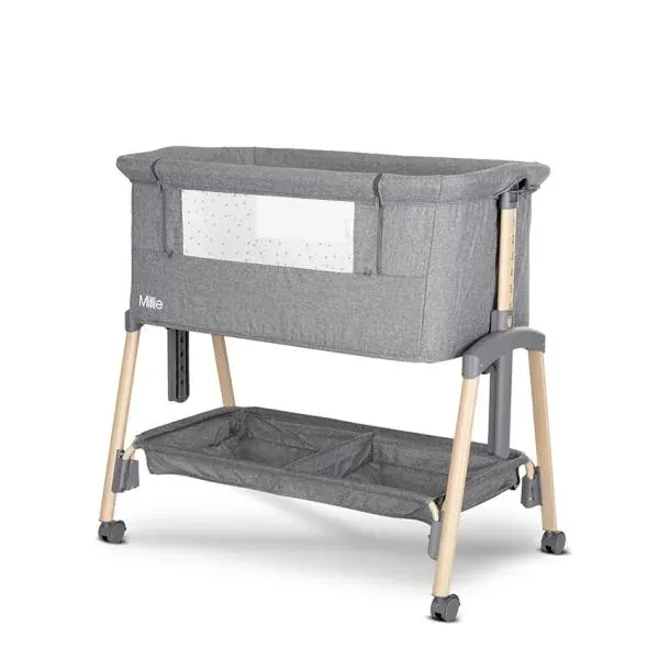 Patut pliabil, co-sleeper, Millie, 0 Luni+, max. 9 kg, inaltime reglabila 7 pozitii, sistem antireflux, plasa de tantari, saltea inclusa, Grey