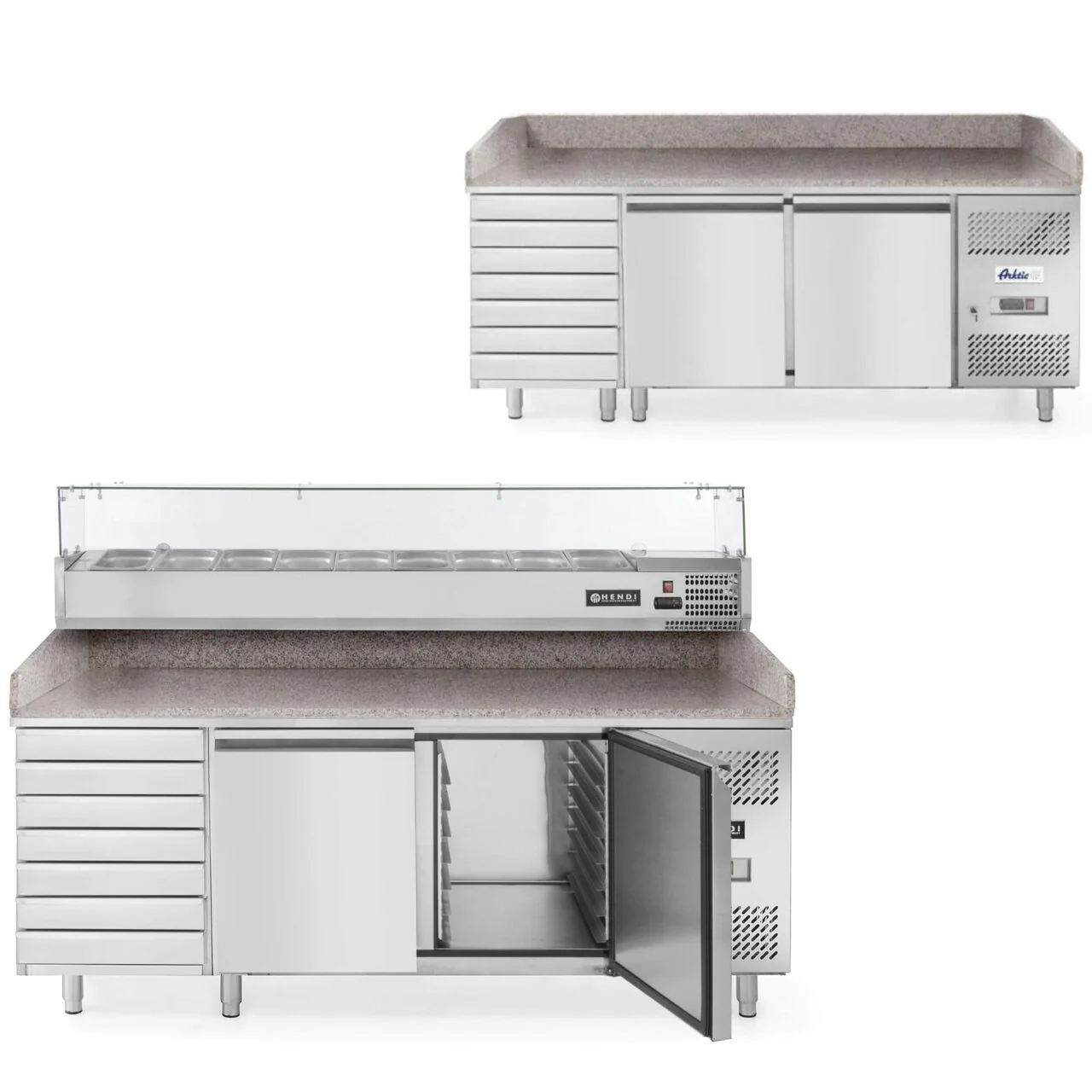 Masa pizza profesionala ARKTIC by Hendi, 280L inox, -2°C/+8 °C, 2 usi 7 sertare
